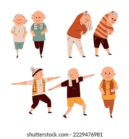 cartoon vector illustration set, old, man, woman, gymnastics, stylized, top view. perfect for backgrounds, social media, etc.