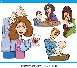 Cartoon Vector Illustration Set of Parents with Children and Babies