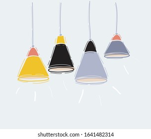 Cartoon vector illustration of Vector set of pendant hanging lamps on white.