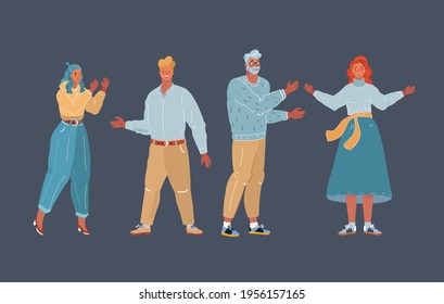 Cartoon vector illustration of Set of people isolated on dark. Man and woman full-length characters on dark.