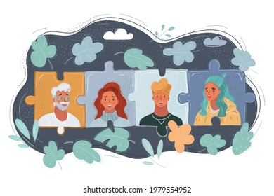 Cartoon vector illustration of set of people faces in teamwork. Peace of jigsaw, puzzle get together on dark backrouround.