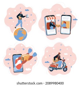 Cartoon vector illustration of Set of people different delivery service workers characters. Bundle cartoon people delivering packages to clients