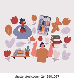 Ilustração vetorial de desenhos animados de fãs de literatura de grupo de pessoas com livros. Coleção de mulheres lendo, estudantes se preparando para a prova. Amantes e leitores de livros pessoais. Educação, 