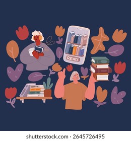 Cartoon vector illustration of Set of people literature fans with books. Collection of reading women, students preparing to exam. Person book lovers and readers. Education, bookshelf concept, e-book 