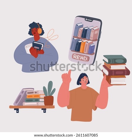 Cartoon vector illustration of Set of people literature fans with books. Collection of reading women, students preparing to exam. Person book lovers and readers. Education, bookshelf concept, e-book