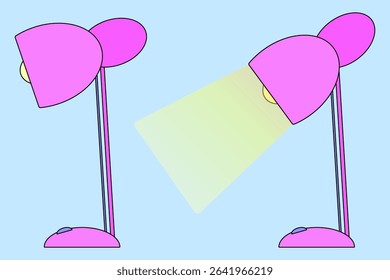 Cartoon vector illustration of an set of pink desk lamp in two positions, one lit and one off, on blue background. For back to school theme, education visual, educational concept, and classroom decor.