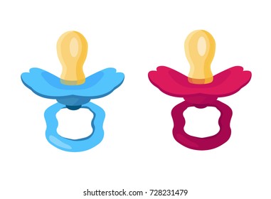 A cartoon vector illustration set - pink baby girl dummy and blue boy dummy. Isolated on white background so you can remove it or use just one dummy.
