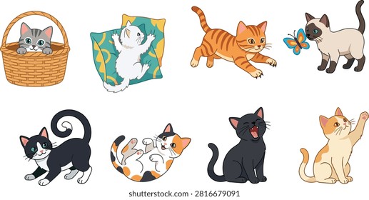 “Cute cartoon vector illustration set of playful cats in various poses, colors, and charming animated styles