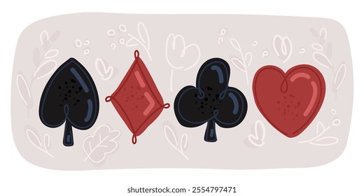 Cartoon vector illustration of Set of playing card suits Cart suit set. Clubs, hearts, diamonds, spades