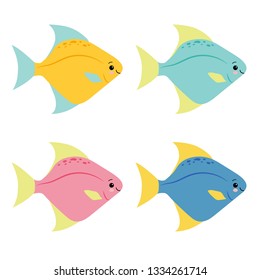 A cartoon vector illustration set of rainbow colored stripey fishes.