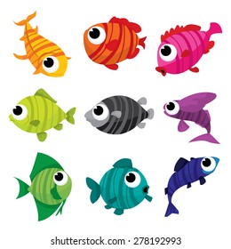 A cartoon vector illustration set of rainbow colored stripey fishes.