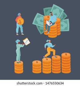 Cartoon vector illustration set of rich men and women isolated on dark background. Set of careless wealthy people. Woman climbs a stack of coins, holds a chart and a coin in her hands, earns on 