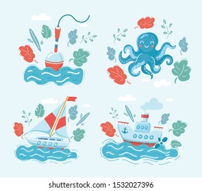 Cartoon vector illustration of set of cartoon sea creatures and object isolated on white background. Float, octopus, sailboat, steamer on dark. on white.