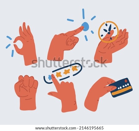 Cartoon vector illustration of Set of several hands. Ok, push buttom, touch screen, clock, credit card, rating stars, fist,