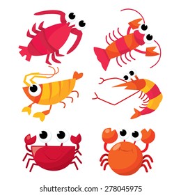 A cartoon vector illustration of a set of six cute crustacean: shrimps, crabs and lobster.