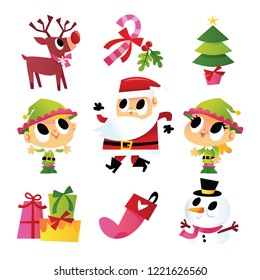 A cartoon vector illustration set of super cute cartoon christmas characters and decorations. Included in the set: elves, christmas tree, santa, gifts, reindeer and snowman.