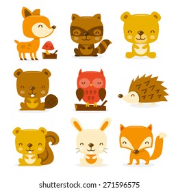 A Cartoon Vector Illustration Set Of Super Cute Woodland Creatures And Critters. Included In This Set:- Deer, Raccoon, Bear, Beaver, Owl, Porcupine, Squirrel, Rabbit And Fox.