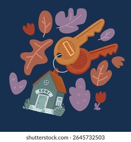 Ilustração de vetor de desenhos animados de Conjunto de várias Chaves com diferentes Chaveiros. Coleção de teclados e chaveiros. Chaves modernas Casa aluguer, propriedade, conceito de imóveis sobre fundo escuro