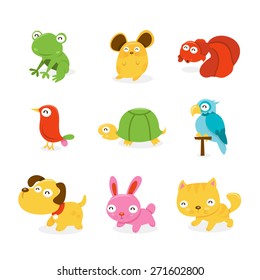 A cartoon vector illustration set of various happy pet shop animals like frog, hamster, goldfish, bird, turtle, parrot, puppy dog, bunny rabbit and pussy cat.