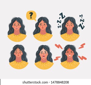 Dibujo vectorial de Set de mujeres enfrenta emociones. Expresión facial. Icono de Avatar. Riéndose, durmiendo, triste, enojado, asustado, aburrido, sorprendido, furioso