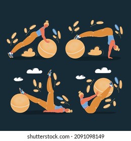 Cartoon vector illustration of set of womans pose doing exercise with ball on dark background.