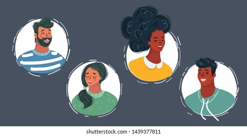 Cartoon vector illustration of Set women and men faces portrait icons on dark. Avatar characters on dark background.