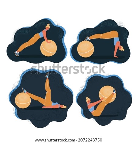 Cartoon vector illustration of set of womn make pilates exercises with a ball on dark