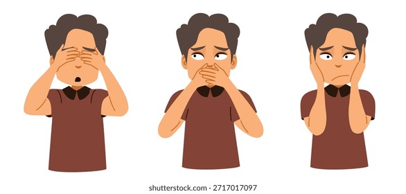 Conjunto de Ilustración vectorial de dibujos animados de un joven que cubre sus ojos, oídos y boca en el concepto clásico de "no ver maldad, no escuchar maldad, no hablar maldad" aislado en fondo transparente