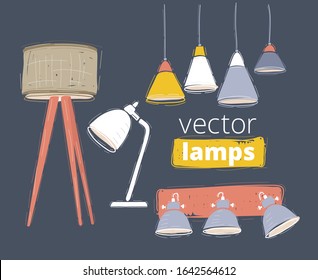 Cartoon vector illustration of Sets of Lamp and Chandelier. Floor and table ones. Light isolated electric interior. Tripod, Lampshade, wall and hanging models on dark. Hand drawn object.