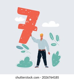 Cartoon vector illustration of seven number in mans hands.