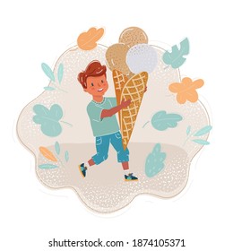 Cartoon vector illustration of Seven year old boy enjoys eating a big ice-cream