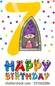 Cartoon Vector Illustration of the Seventh Birthday Anniversary Design for Girls