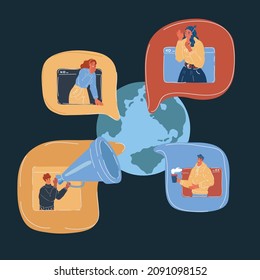 Dibujo vectorial de caricatura de varias personas en la red de medios sociales en un mapa mundial hablan entre sí en línea