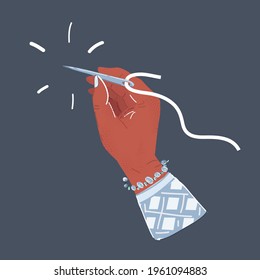 Cartoon vector illustration of Sewing craft needle textile thread in human fingers