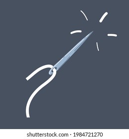Cartoon vector illustration of sewing needle on dark background.