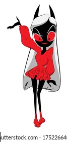 Dibujo vectorial de una chica sexy del diablo en blusa roja y minifalda, cabello ceniza, piel de carbón vegetal y ojos feroces. Para imprimir и л и usar como pegatina en la web.