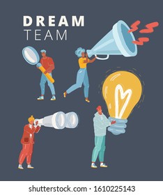 Cartoon vector illustration of Shared working environment. Dream team concept. Different specialization People with symbol of them work. Creative, researching, looking, promotion.