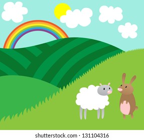 Cartoon vector illustration of sheep and rabbit in nature in spring, Easter theme
