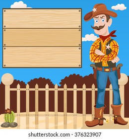 Cartoon vector illustration of a Sheriff in front of the fence and a wooden empty banner 