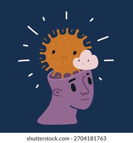 Cartoon vector illustration of Shining Sun in Mind over dark backround