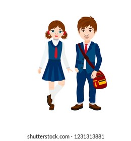 Cartoon Vector Illustration of a shool boy and girl with Backpacks. Vector illustration isolated white background.