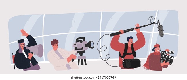 Cartoon vector illustration of Shooting action movie. People film crew makes a film in the studio or blogger team make video content together. Camera operator, clapperboard, become film director