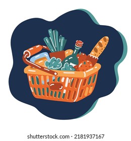 Cartoon vector illustration of shopping basket full of food including fresh fruit, vegetables over dark background