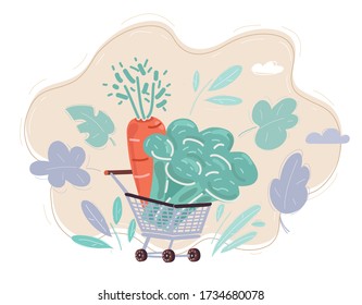 Cartoon vector illustration of shopping cart full of groceries