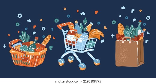 Cartoon vector illustration of Shopping trolley and basket of food, grocery purchases. Paper bag and plastic of food like fruits, vegetable, bread, bottle Retail super market goods over dark backround