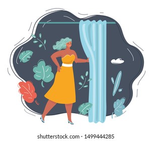 Cartoon vector illustration of shopping. Woman in dressing room.