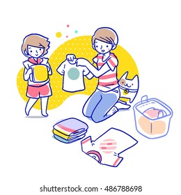 Cartoon vector illustration of short haired mother showing her daughter how to fold the tshirt, beside them is folded clothes, a basket and a cat.