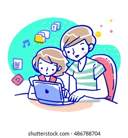 Cartoon Vector Illustration Of Short Haired Mother Wearing Green And White Stripe Tshirt Showing Her Daughter How Laptop Computer Works, With Concept Of Multimedia Icon Beside Them.