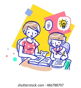 Cartoon vector illustration of short haired mother teaching and explaining her daughter to do homework. The girl seems to understand what the homework idea is.