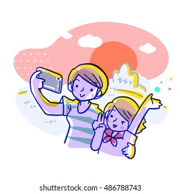 Cartoon vector illustration of short haired mother and her daughter happily taking selfie photo under the sunset sky with big bright orange sun and clouds in the background.